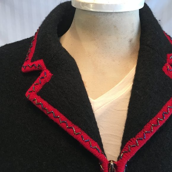 Lisa International Women Boil Wool Sweater Jacket Zip Cardigan Sz Med Black Red - Picture 2 of 11